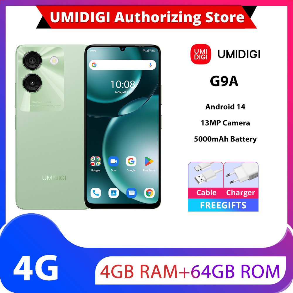 UMIDIGI G9A,4GB + 64GB,Android 14,Octa-Core,5000 mAH,6.75 Water Drop,60Hz,AI Face Unlock,4G Global V