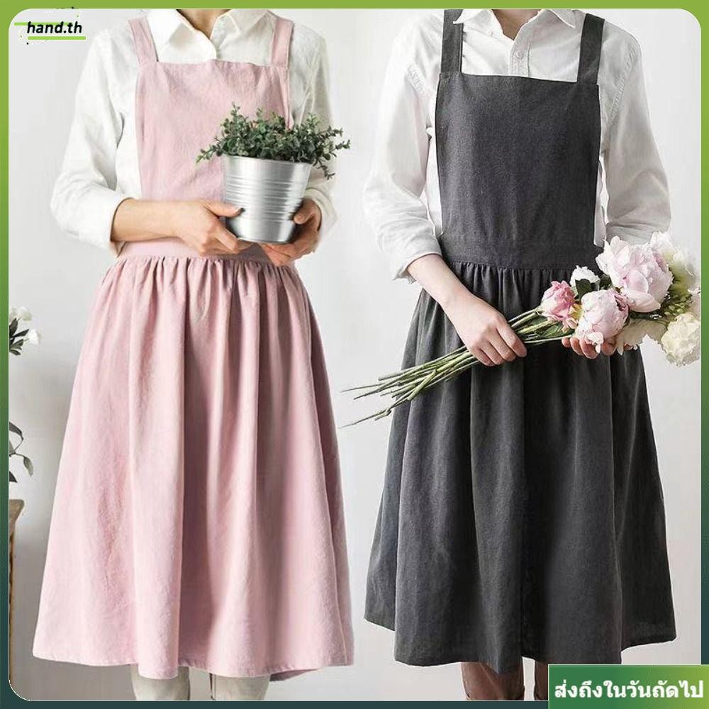 ผ้ากันเปื้อน มือ ดอกไม้ ผ้ากันเปื้อนผ้าลินินสไตล์นอร์ดิกสไตล์เกาหลีชุดทํางานผ้าฝ้ายคุณภาพสูง