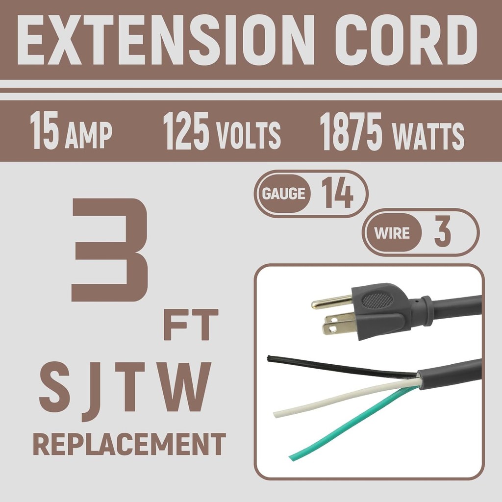 Industries Inc สายไฟเครื่องใช้ไฟฟ้าและเครื่องมือไฟฟ้า 3 สาย 3 ฟุต 14 AWG, 15A/125V AC, 1875w, สีเทา,