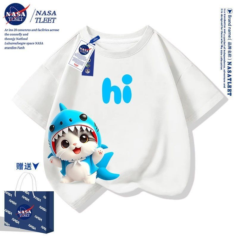 [100-170] นาซ่า ร่วมชายหญิงเสื้อยืดแขนสั้นฤดูร้อน 2025 สไตล์ใหม่ ถนน สวมใส่แมวน่ารักกลางเด็กเล็กเสื้อผ้าแฟชั่น