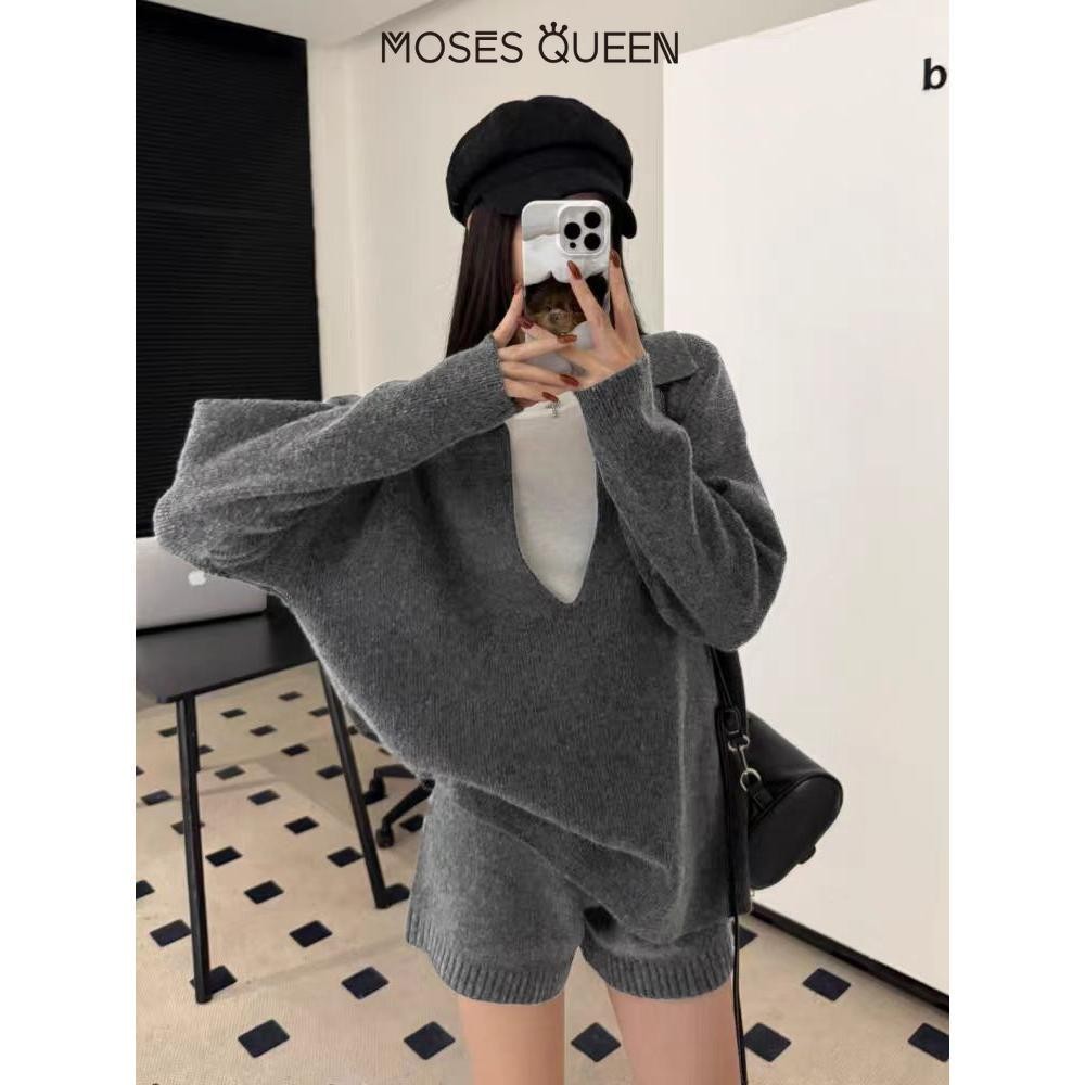 Moses Queen Grey Lapel หลวมถักเสื้อสเวตเตอร์ถักผู้หญิง,สไตล์ขี้เกียจแสดงอารมณ์บาง, Daily Commuting C