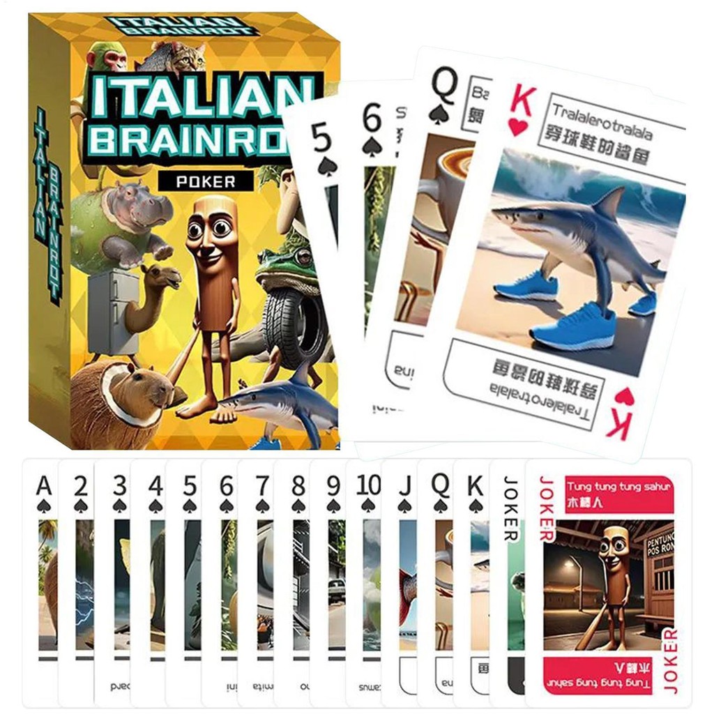 สําหรับอิตาลี Brainrot,Tung Tung Tung Poker Card 54 ชิ้นตลกงานปาร์ตี้โป๊กเกอร์การ์ดเล่นเกมสํารับของเล่นตลก yunkth