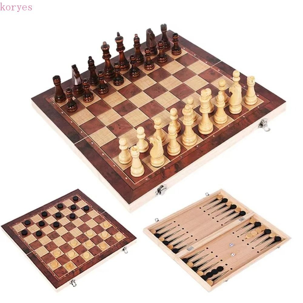 KORYES Chess&Backgammon&Checkers Set, 3-in-1 Wooden Board Games Set, Standard กระดานหมากรุกพับได้ปรั