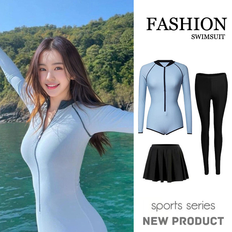 สไตล์ใหม่ชุดว่ายน้ําแขนยาวชิ้นเดียวผู้หญิงแห้งเร็ว Slimmer ดูครีมกันแดดท่องล่องแก่งดําน้ําดูปะการังทะเล สินค้า