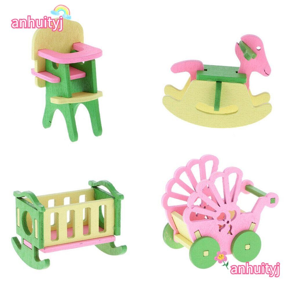 ANHUITYJ Dolls House Nursery Dining Chair Mini Wooden Cradle Cot Dollhouse
