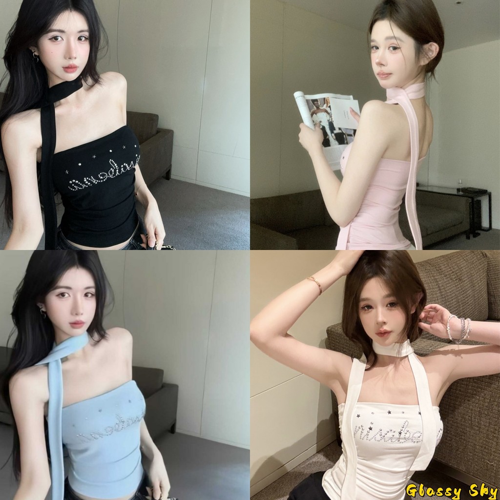 Glassy Sky😜พร้อมส่ง  เสื้อเกาะอกเสริมฟองน้ำ สีพาสเทล น่ารักมาก แถมสายคล้องคอเก๋ไม่ไหว เสื้อยืดแฟชั่นเกาหลี