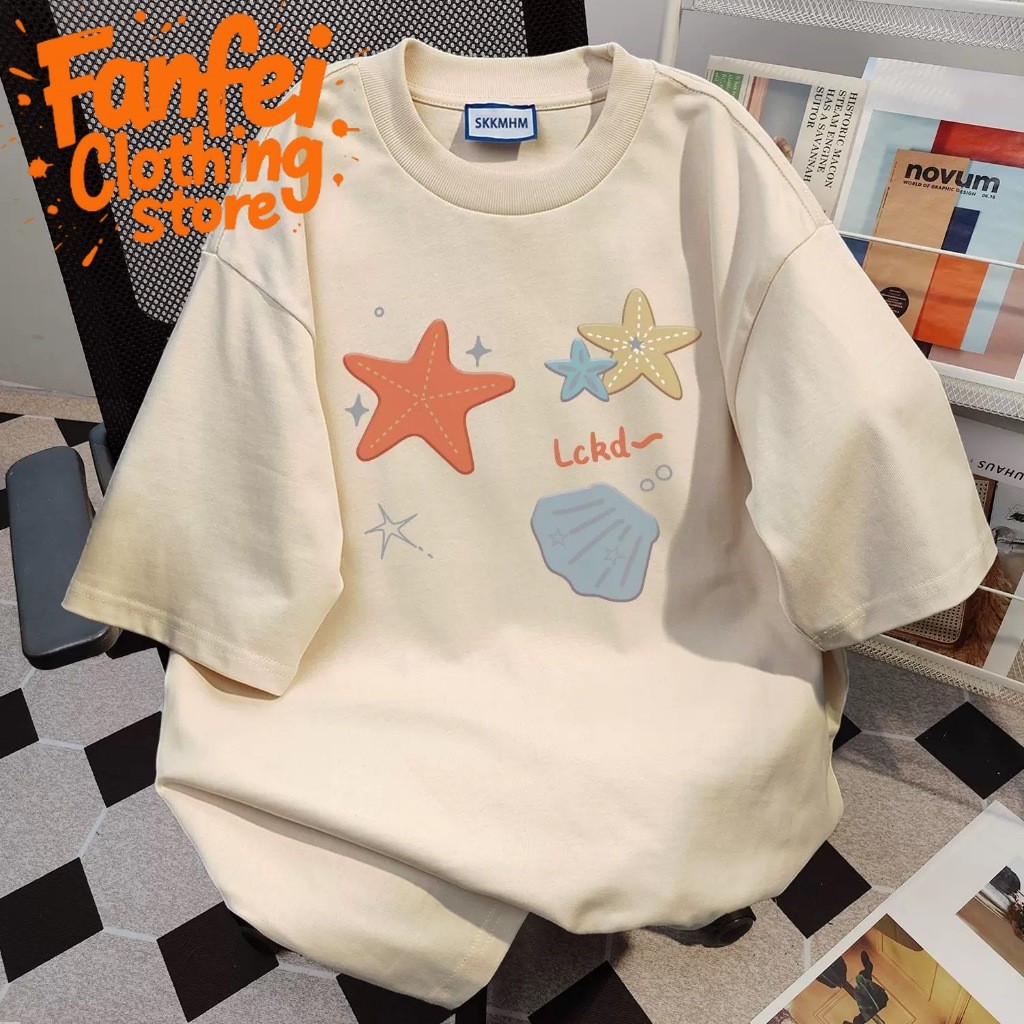 (จัดส่งตลอด 24 ชั่วโมง)Fanfei โอเวอร์ไซส์แขนสั้นลายปลาดาวและเปลือกหอยสีสันสดใสน่ารักอินเทรนด์