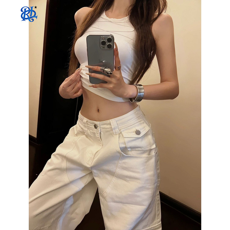Multi-Pocket Ladies Overall Jeans White Low-Waist Wide Tube Easy Match