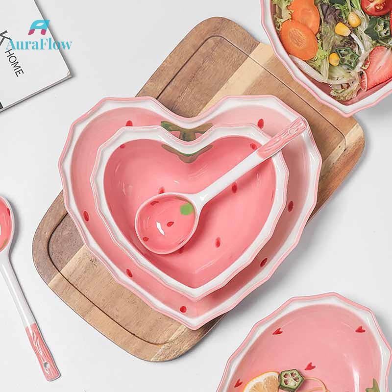 ออร่าโฟลว์ สตรอเบอร์รี่ชามจานช้อนชุดสาวสวยหัวใจชามชามสลัดขนมบนโต๊ะอาหารในครัวเรือนใหม่