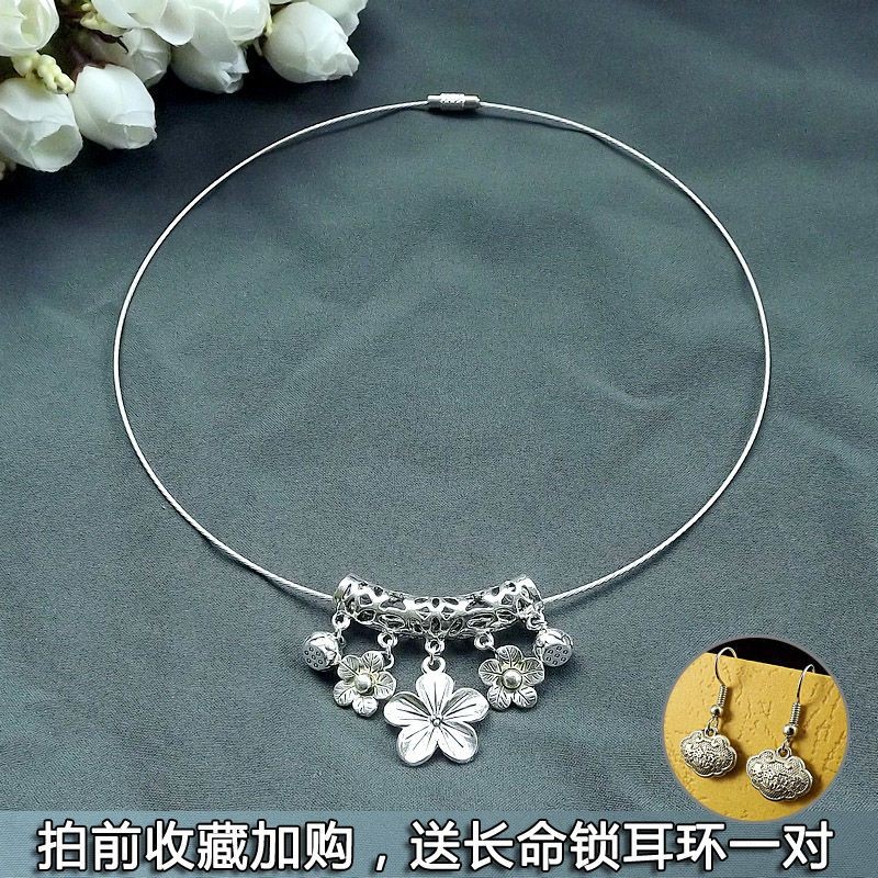 สร้อยคอม้วนเงินสไตล์ชาติพันธุ์โบราณสำหรับผู้หญิง ดีไซน์คอกระดุมแบบเบลล์และ elbow hollow style