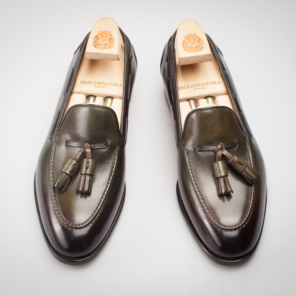 อิตาลี Paolo Paolo Scafora Official Agent Handmade Loafer พู่ Loafer Olive รองเท้าหนังสีเขียวผู้ชาย