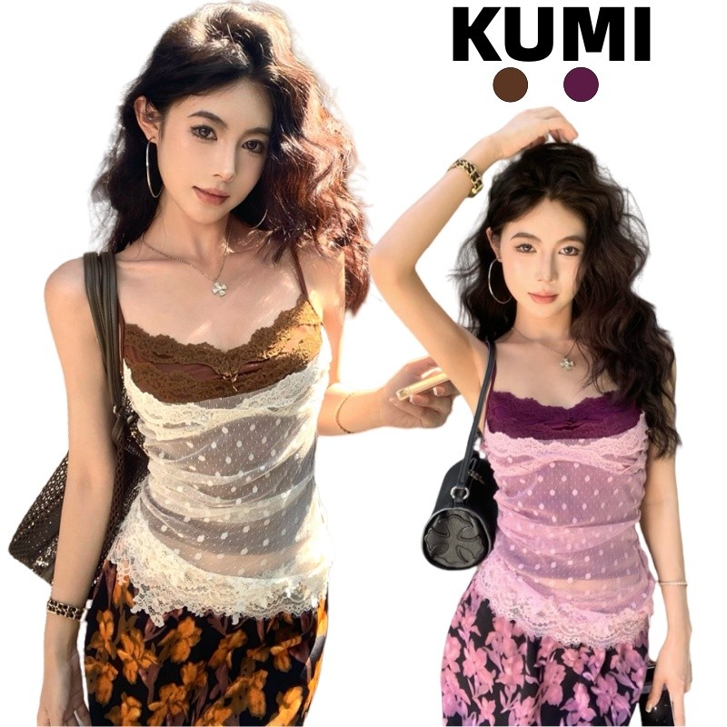 KUMI พร้อมส่ง🍒ลูกไม้เสื้อสายเดี่ยว เปิดหลัง ตาข่าย สไตล์ฝรั่งเศส ทรงรัดรูป เสื้อสายเดี่ยวผู้หญิง แฟชั่นเกาหลี แมทซ์ง่าย