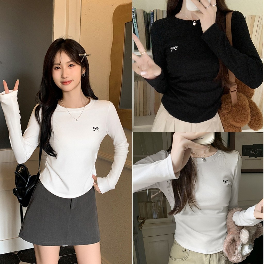 Bella Shop เสื้อยืดผู้หญิงแขนยาวสีพื้น ดีไซน์ปักโบว์ ดีไซน์เอวจีบ สไตล์เกาหลี เสื้อสั้นเข้ารูป