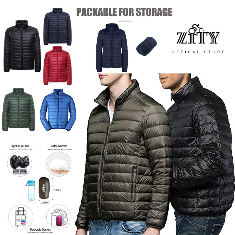 ZITY เสื้อแจ็กเก็ตขนนกแบบพกพาได้ น้ำหนักเบาสำหรับผู้ชาย คอตั้ง สีและขนาดหลายแบบ