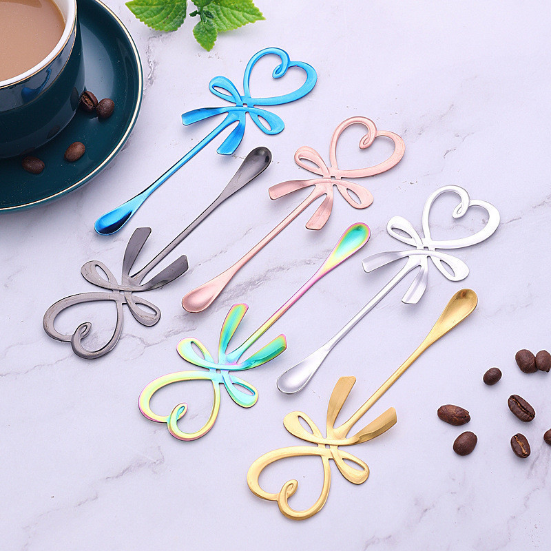 Hot Sale#Creative Stainless Steel Spoon Heart Bowknot Spoon Cartoon gold Spoon Coffee Stirring Spoon