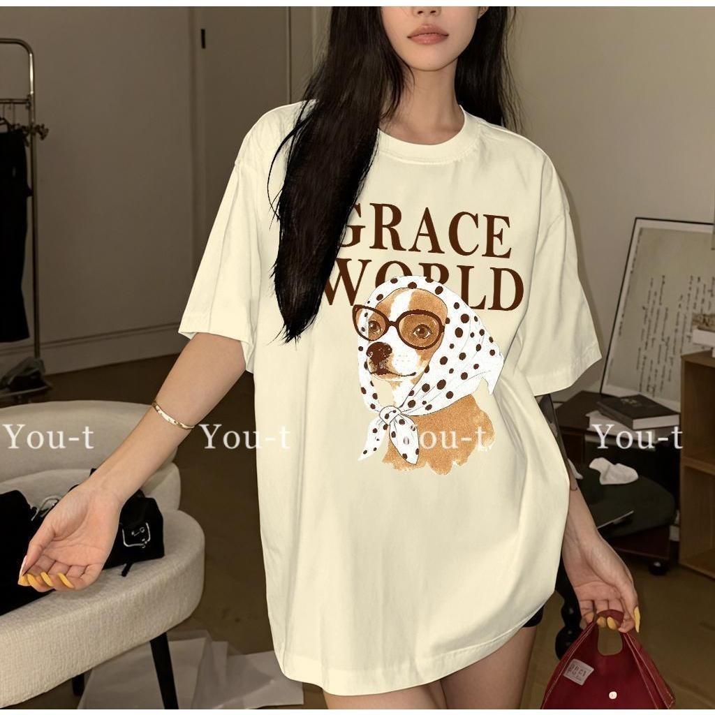 เสื้อแฟชั่น เสื้อยืด oversize ผ้าฝ้าย100% แนวสตรีท ไม่ต้องรีดผ้า สวมใส่สบาย ผ้านิ่ม ลาย "Glasses dog" สินค้าใหม่ 2025