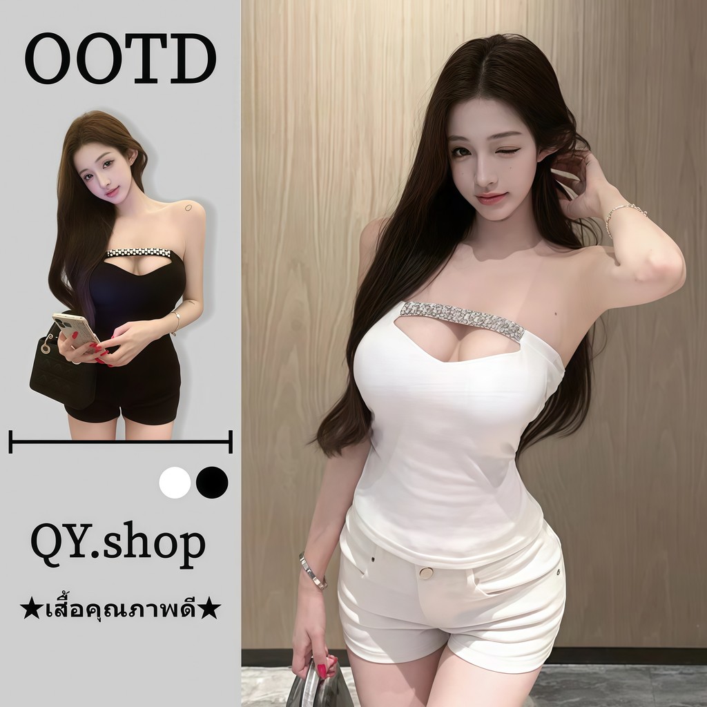 QY.shop เสื้อครอปสำหรับผู้หญิง ผ้าใส่สบาย เสื้อเกาะอก สีพื้น ดีเทลเรียบหรูดูแพง แต่งเพชรเพิ่ม”FY2928″