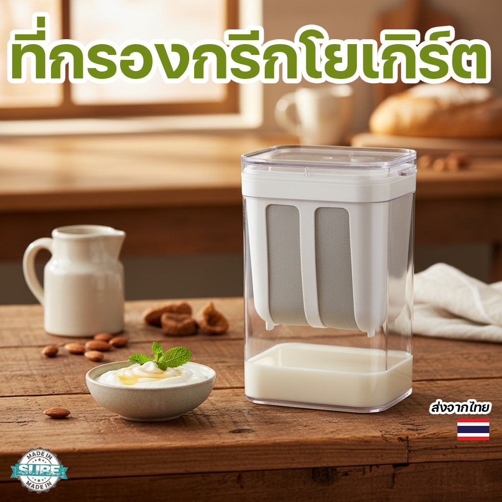 อุปกรณ์กรองกรีกโยเกิร์ต ทรงเหลี่ยม พร้อมตะแกรงในตัว ใช้งานง่าย แยกน้ำออกไว ถอดล้างสะดวก