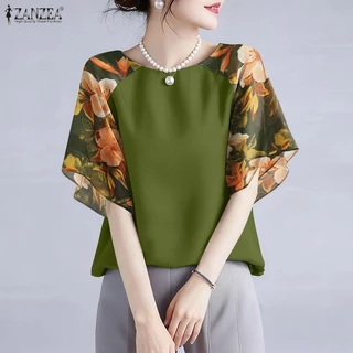 ZANZEA เสื้อผู้หญิงเกาหลีคอกลมสบาย ๆ แขนห้าส่วนแต่งระบาย ลายดอกไม้ต่อผ้า
