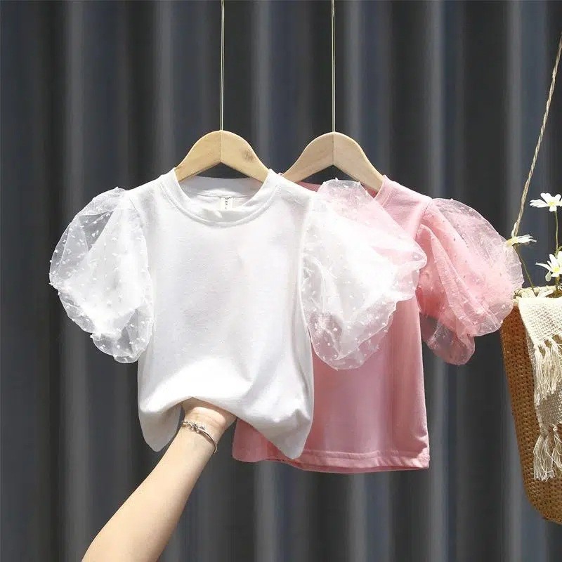 เสื้อเด็กพัฟแขนสั้น ผ้าฝ้ายแท้ สำหรับเด็กผู้หญิง (สไตล์เกาหลี) จุดต่ำสุด