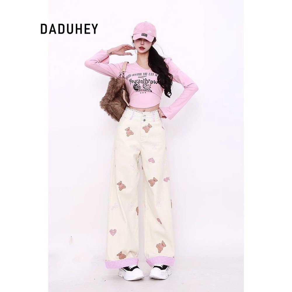 DaDuHey Straight Jeans Women's Korean-Style Retro Bear Embroidery Sweet Girlish Style Wide-Leg Pants | 113 - รูปที่ 2