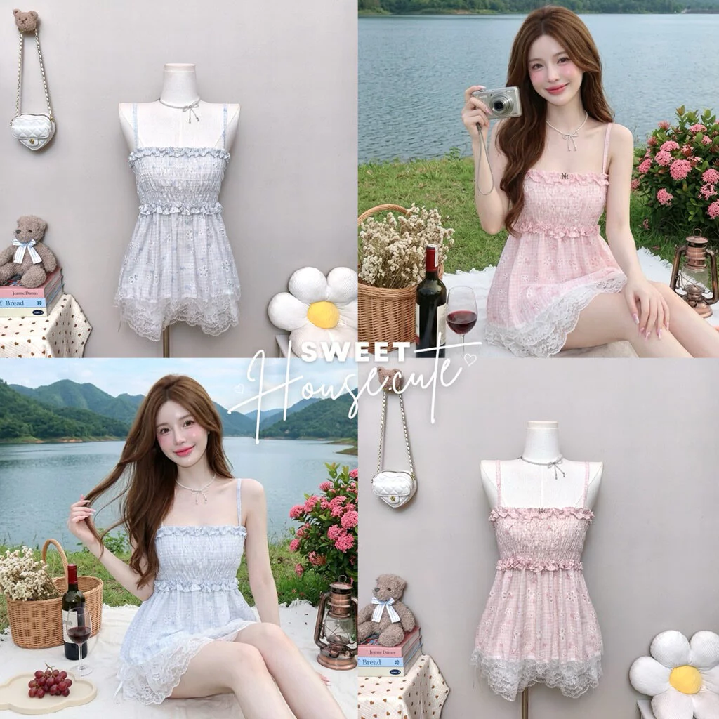 🧸 SweetHouse #732 🌻 เสื้อสายเดี่ยวผ้าฉลุระบายลูกไม้ รุ่นนี้ผ้าสวยมว้ากกก + กางเกงลูกไม้ระบาย 4 ชั้น