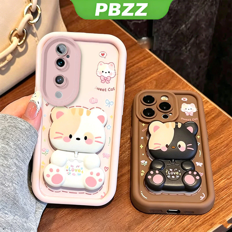 เคสสําหรับ VIVO V40 V50 V60 v60e V70 fe PRO V70E LITE V40 v50 5g เคสโทรศัพท์ Softcase ซิลิโคนกันกระแทกความงามพร้อมที่วาง 360° กระจกแต่งหน้า แมวน่ารัก สําหรับเด็กผู้ชาย สีดํา JTXMMZJ2