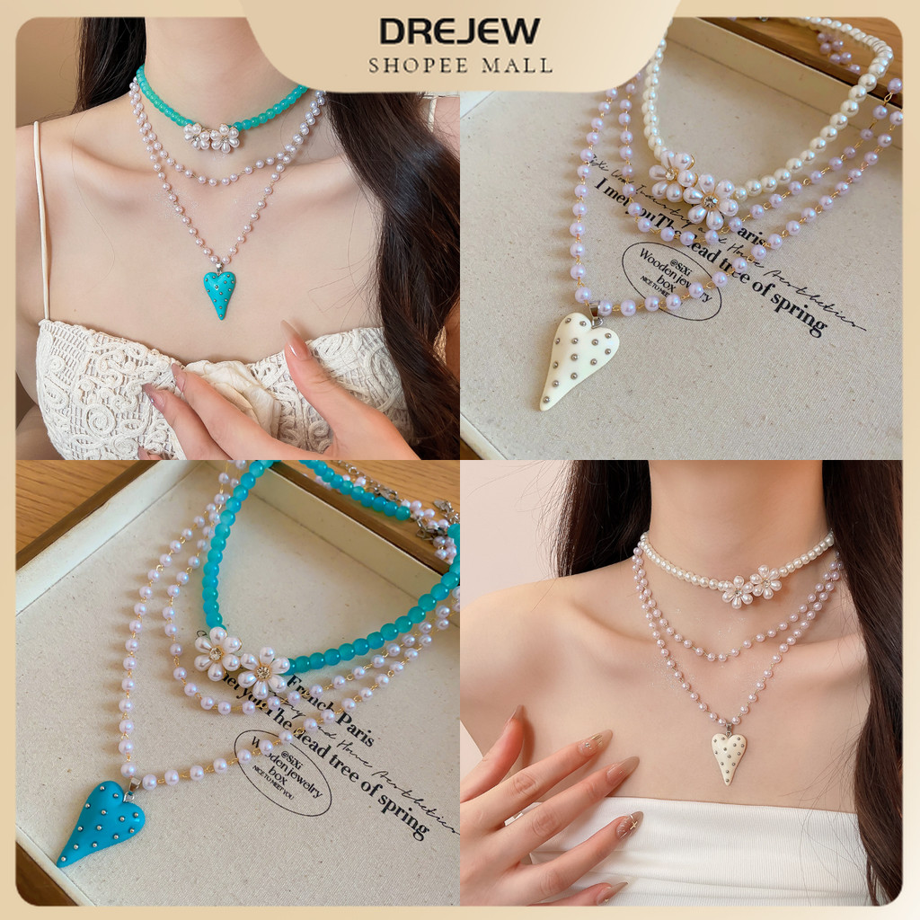 DREJEW สร้อยคอชุด 2 ชิ้นหลายชั้น ไข่มุกเทียมลูกปัด จี้หัวใจเรซินดอกไม้ประดับเพชร สไตล์เรียบง่ายแฟชั่น เหมาะสวมใส่ประจำวันและออกเดท
