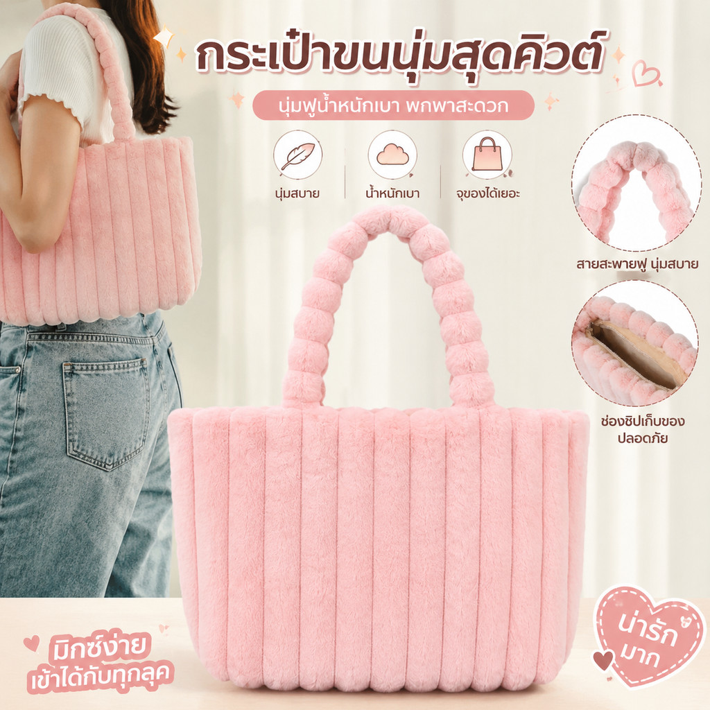 【มีสินค้าพร้อมส่ง】กระเป๋าสะพายขนาดใหญ่ขนฟูน่ารัก สำหรับใช้ในชีวิตประจำวัน สีชมพู เทรนด์ใหม่