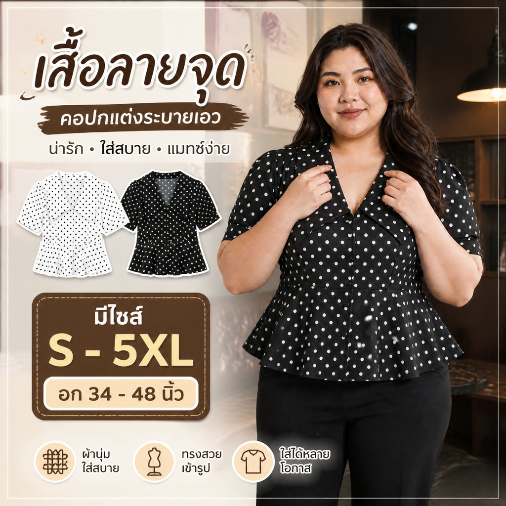 เสื้อสาวอวบพิมพ์ลาย Polka Dot มีไซส์ S-5XL แขนสั้นตุ๊กตา ปกกะลาสีคอวีลึก ชายเสื้อระบายบาน ใส่แล้วผอม ลุคลูกคุณหนู