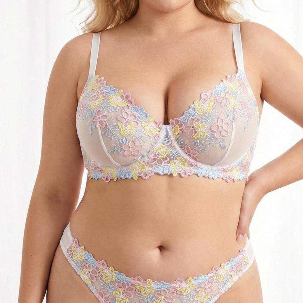 H432 Plus Size Sweet Mesh ปักลูกไม้ซีทรู Push-up Pure Desire Bra Set