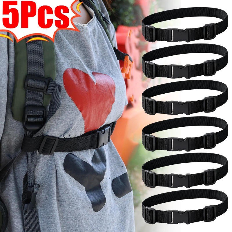 สายรัดหน้าอกกระเป๋าเป้สะพายหลังแบบปรับได้ 5 ชิ้น, สายรัดไนลอนแบบ Snap-on แบบปลดเร็ว, การลดเสียงรบกวนกันลื่นสําหรับเดินทางเดินป่ากลางแจ้ง