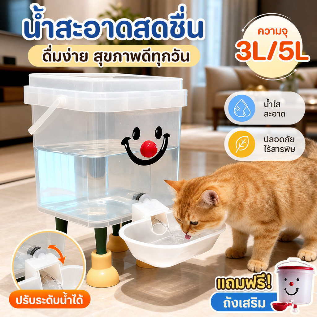 ถังดื่มสัตว์เลี้ยง ถังน้ำสัตว์เลี้ยงแบบใส ไม่ต้องใช้ไฟฟ้าปลอดภัย ระบายน้ำอัตโนมัติ ความจุใหญ่ ใช้ง
