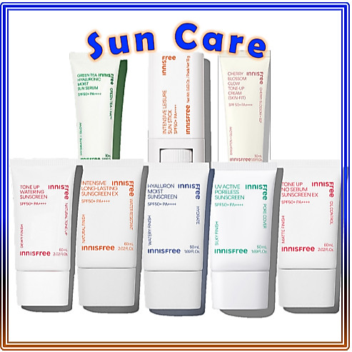 Innisfree Sun Care (UV-Active , Hyaluron Moist , Tone-Up No-sebum , Intensive Long Lasting, Tone Up Watering, Intensive Leisure Stick)