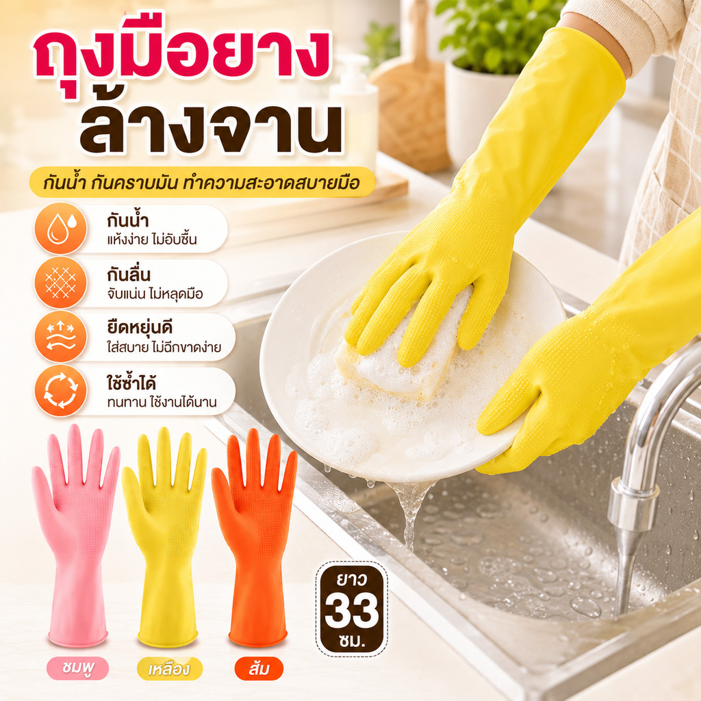 ถุงมือทำงานบ้านยางคุณภาพ กันลื่นจับของแน่น กันน้ำได้ดี สวมพอดีมือ ไม่อึดอัด ทนทานมาก
