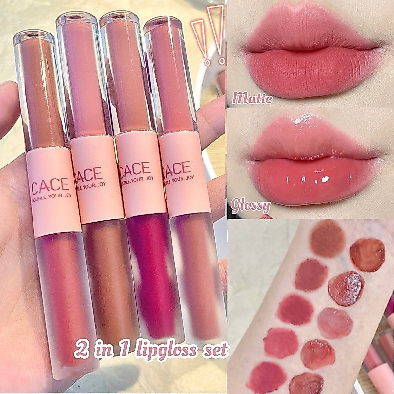 2 in 1 Glossy + MatteLiptint ชุด Double Head Matte Glossy ลิปสติกกันน้ํา Velvet Lip แต่งหน้า Rouge Lip Gloss