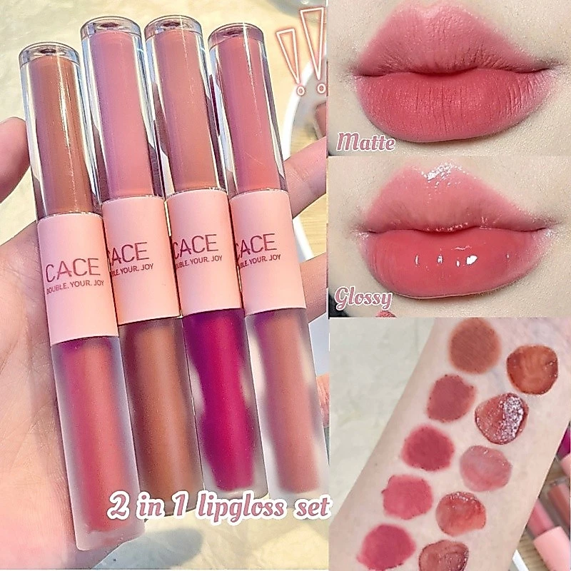 2 in 1 Glossy + MatteLiptint ชุด Double Head Matte Glossy ลิปสติกกันน้ํา Velvet Lip แต่งหน้า Rouge Lip Gloss