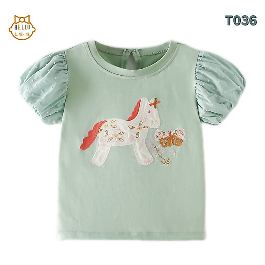 💚พร้อมส่งจากไทย🦄 เสื้อยืดเด็ก ผ้าคอตตอน100%  เสื้อยืดแขนตุ๊กตาสีเขียว ปักลายม้ากับผีเสื้อ