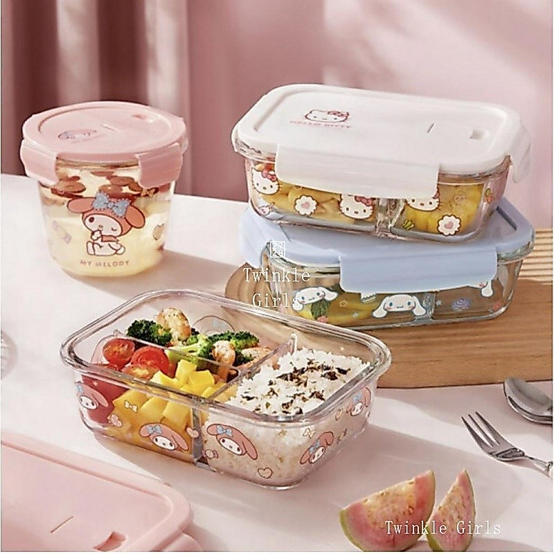 【ของแท้】กล่องอาหารกลางวัน แก้วหนา ลาย Cinnamoroll Melody Hello Kitty กล่องข้าว น่ารัก พร้อมฝาปิด สําหรับใส่อาหารกลางวัน