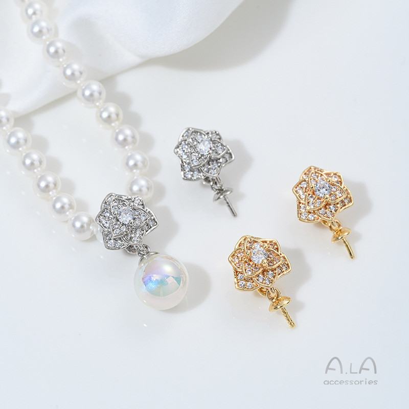 14K Gold-Clad Universal Buckle Camellia Pearl สร้อยคอจี้ลูกปัดฝังZirconiumมือBeaded DIYอุปกรณ์เสริมว