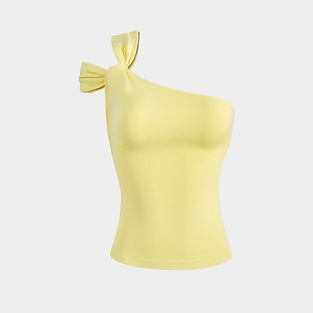 ( VERA TOP-M06 ) โบว์คอวีเปิดไหล่ฤดูร้อนที่หรูหราและหรูหรา สีเหลืองมะนาว | บาจิชิค