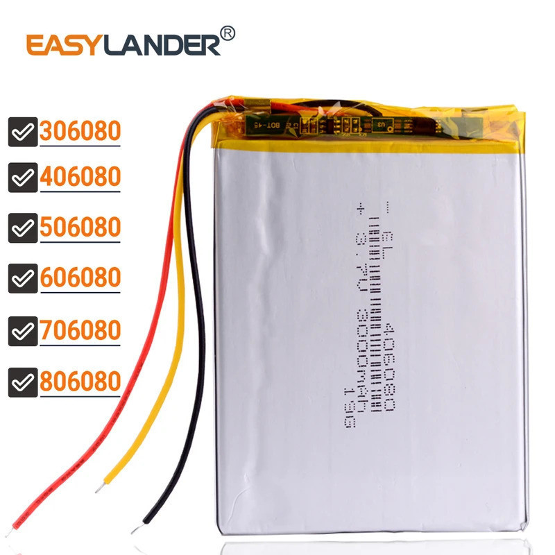 3เส้น 406080 306080 506080 606080 706080 806080 3.7V 3000mAh แบตเตอรี่ลิเธียมโพลิเมอร์สําหรับ reader