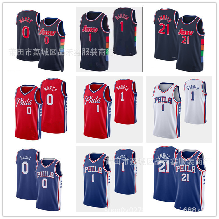 จัดส่งในวันเดียวกัน!!76ers 76ers 1 Harden 21 Enbider 1 Maxy เสื้อบาสเก็ตบอล