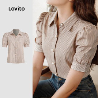 Lovito Women Casual Blouse Geometric Spring/summer Khaki Blouse LK5ED457