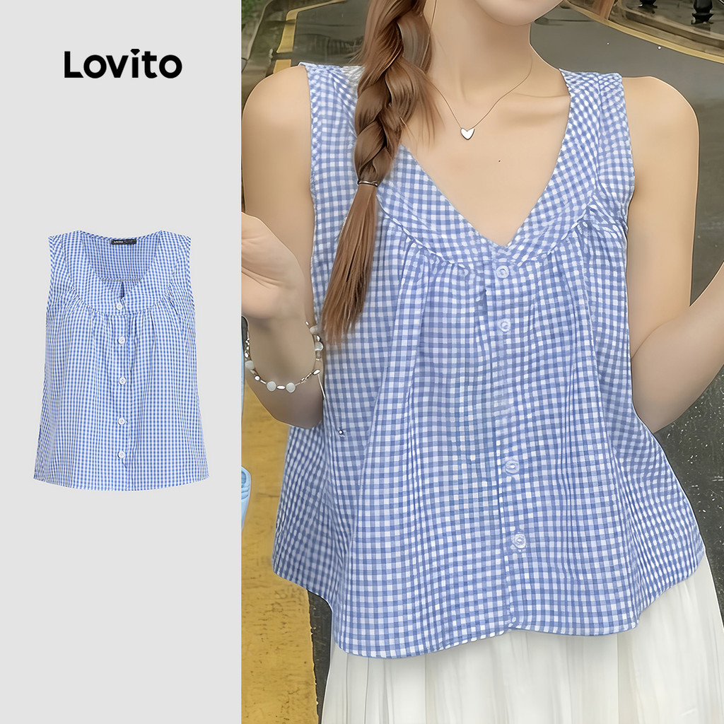 Lovito เสื้อเบลาส์ลําลองผู้หญิง ผูกด้านหน้า ชายระบาย ลายพิมพ์ สําหรับฤดูใบไม้ผลิ/ฤดูร้อน L190ED141