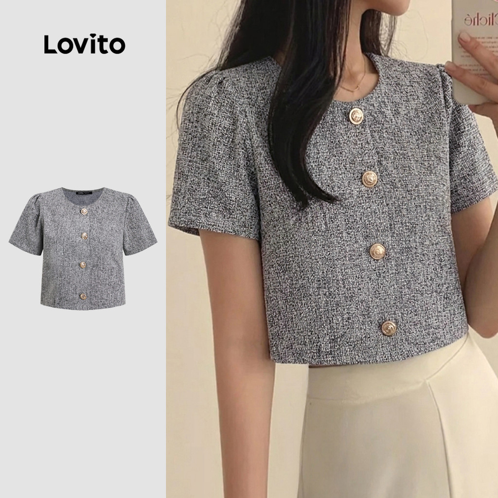 Lovito สง่างาม เสื้อเบลาส์ สีพื้น มีกระดุม สไตล์ สำหรับผู้หญิง L121MD636
