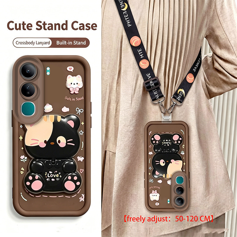 2026สายคล้องCrossbody LanyardสําหรับVivo v40 v50 v60 lite Y19S y29s y29t y04 Y04S Y21D Y31 5G Y29 4Gปลอกโทรศัพท์Softcaseพร้อมที่วางสีชมพูน่ารักแมวสําหรับผู้หญิงJJ