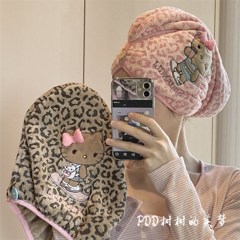 Super หนา Kitty เสือดาวพิมพ์แมวหมวกผมแห้งดูดซับ Coral Headscarf หนา Quick-Drying หมวกอาบน้ําผมแห้งหมวกผ้าเช็ดตัว 26.6.29fa