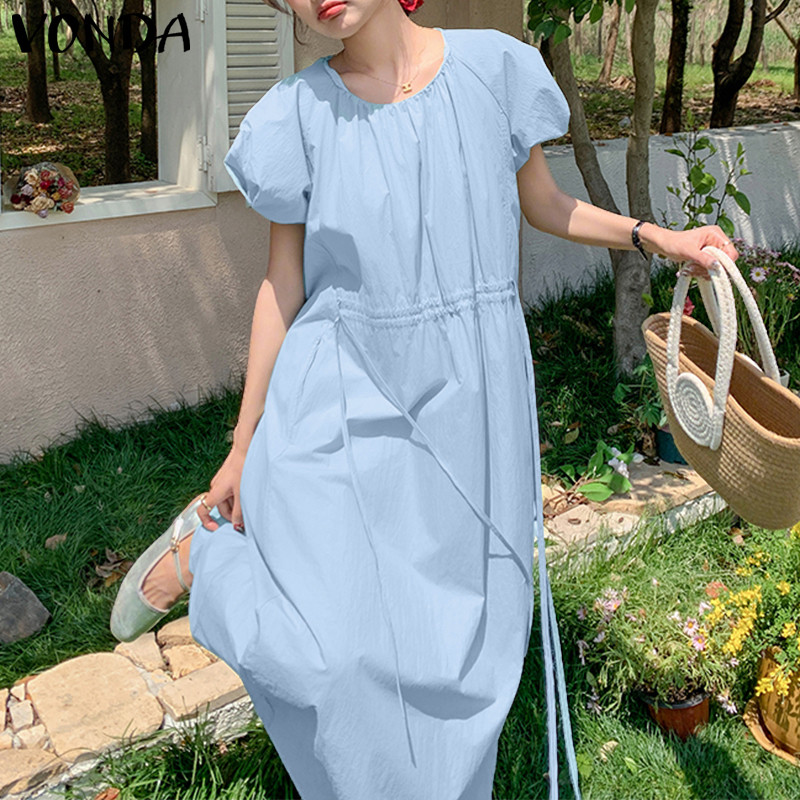 VONDA ชุดเดรสสำหรับผู้หญิง ดีไซน์เกาหลี คอพัฟและสายคล้องเอว สไตล์ girlish สวมใส่ง่าย - รูปที่ 3
