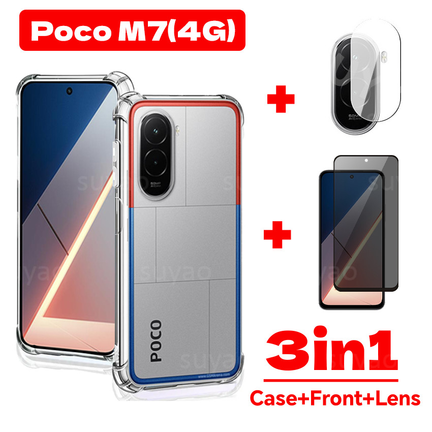 สําหรับ Xiaomi Poco M7 4G 2025 3in1 เคสโทรศัพท์ใสปลอก PocoM7 M 7 กันกระแทก Soft TPU Anti-Spy เต็มความเป็นส่วนตัว Tempered Peek แก้วเลนส์ฟิล์ม